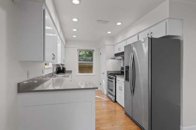kitchen featuring stainless steel appliances, a sink, under cabinet range hood, recessed lighting, and white cabinets