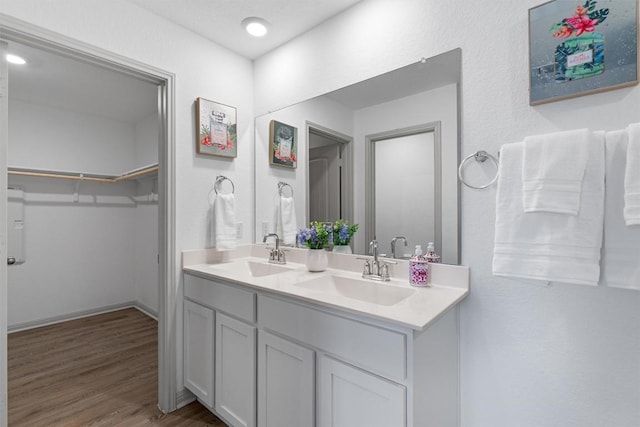 full bathroom featuring wood finished floors, double vanity, and a walk in closet