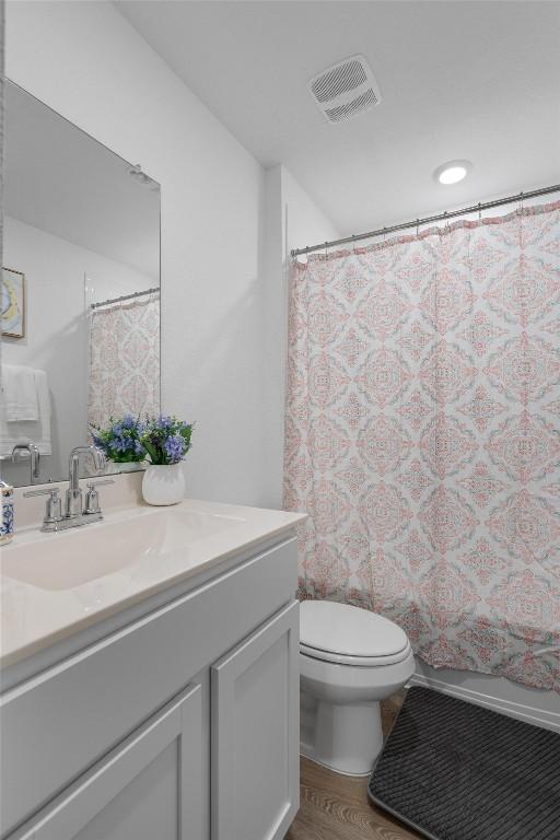 bathroom with vanity, toilet, and a shower with shower curtain