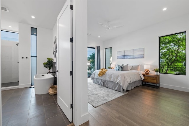 bedroom with recessed lighting, baseboards, and ceiling fan