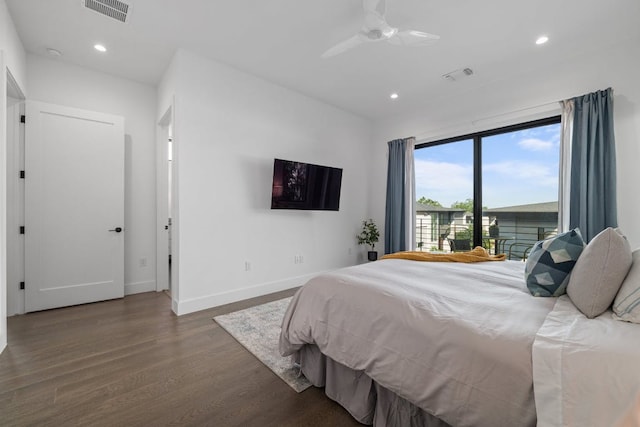 2800 Del Curto Rd Unit 9, Austin, TX 78704 - bedroom featuring wood finished floors, baseboards, recessed lighting, access to outside, and a ceiling fan