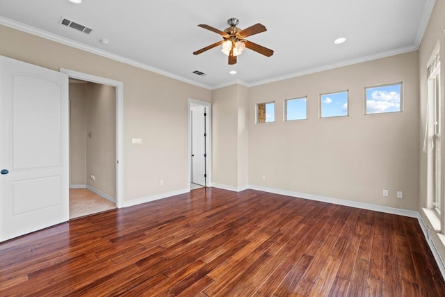 8293 Lime Creek Rd, Volente, TX 78641 - empty room with ceiling fan, hardwood / wood-style floors, crown molding, recessed lighting, and baseboards