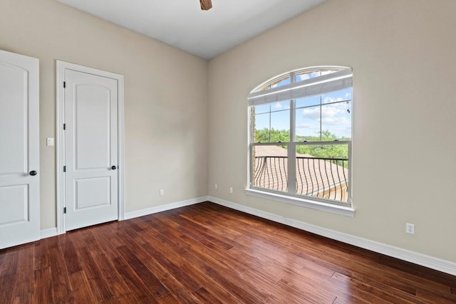 8293 Lime Creek Rd, Volente, TX 78641 - spare room featuring wood finished floors, baseboards, and ceiling fan