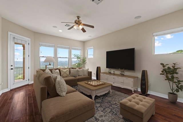 8293 Lime Creek Rd, Volente, TX 78641 - living area with a ceiling fan, baseboards, dark wood finished floors, and recessed lighting