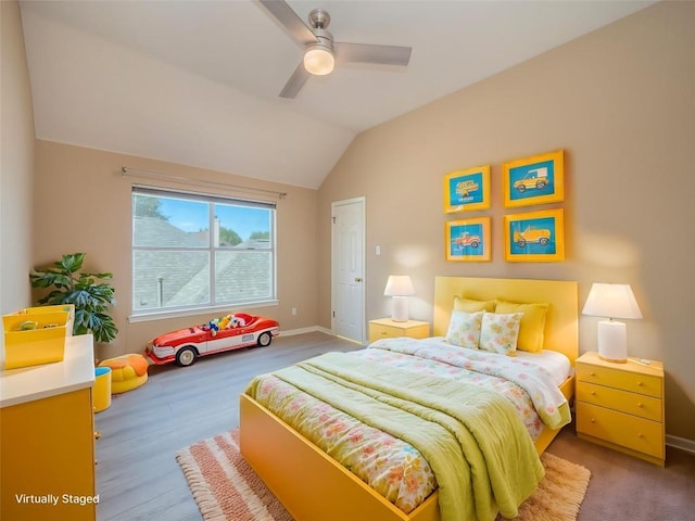 11029 Ballybunion Pl, Austin, TX 78747 - bedroom featuring vaulted ceiling, baseboards, ceiling fan, and wood finished floors