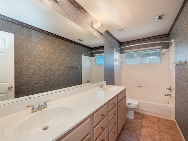 11029 Ballybunion Pl, Austin, TX 78747 - full bathroom with tub / shower combination, double vanity, toilet, and crown molding