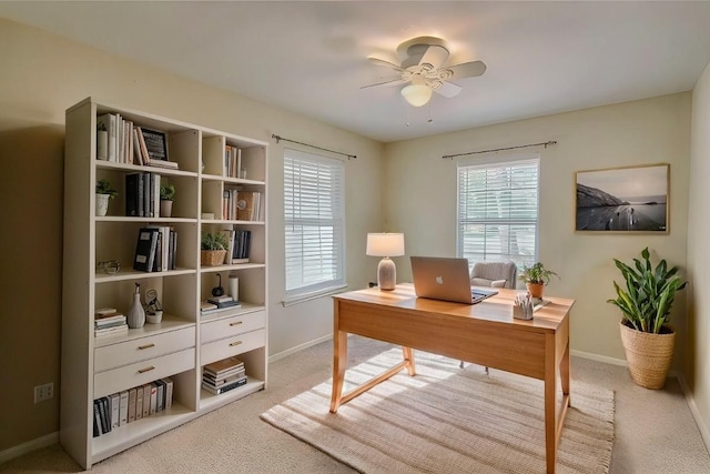 office space with carpet floors, baseboards, and a ceiling fan