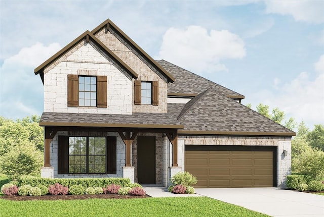 256 Du Bois Ln, Kyle, TX 78640 - french country style house with an attached garage, concrete driveway, a shingled roof, and stone siding