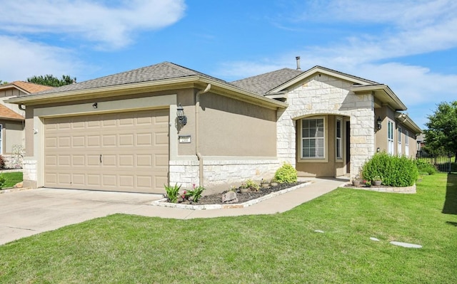 210 Salt Creek Ln, Georgetown, TX 78633 - view of front of home with stone siding, an attached garage, concrete driveway, a front lawn, and stucco siding
