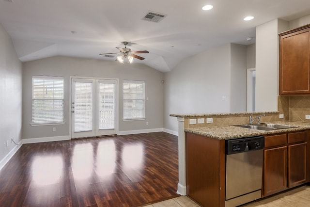 14815 Avery Ranch Blvd Unit 3401, Austin, TX 78717 - kitchen featuring dishwasher, a sink, healthy amount of natural light, a ceiling fan, and lofted ceiling