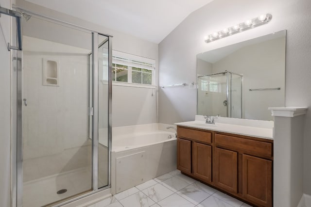 14815 Avery Ranch Blvd Unit 3401, Austin, TX 78717 - full bath with a shower stall, a garden tub, vanity, vaulted ceiling, and marble look tile flooring