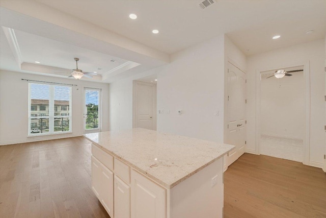 102 Bella Toscana Ave Unit 1306, Lakeway, TX 78734 - kitchen with ceiling fan, light wood-style flooring, light stone countertops, a kitchen island, and recessed lighting