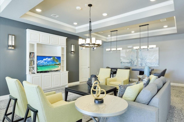102 Bella Toscana Ave Unit 1306, Lakeway, TX 78734 - living area with a raised ceiling, ornamental molding, a chandelier, baseboards, and recessed lighting