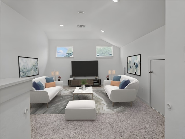 carpeted living area featuring vaulted ceiling and recessed lighting