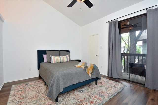 7122 Woodhollow Dr Unit 105, Austin, TX 78731 - bedroom with wood finished floors, high vaulted ceiling, access to exterior, and ceiling fan