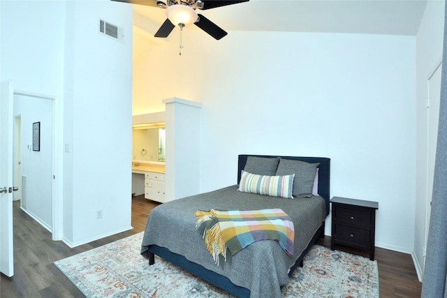 7122 Woodhollow Dr Unit 105, Austin, TX 78731 - bedroom with wood finished floors, a high ceiling, ensuite bathroom, and a ceiling fan