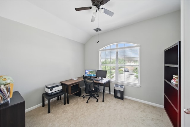 4121 Vinalopo Dr, Austin, TX 78738 - carpeted home office with ceiling fan and lofted ceiling