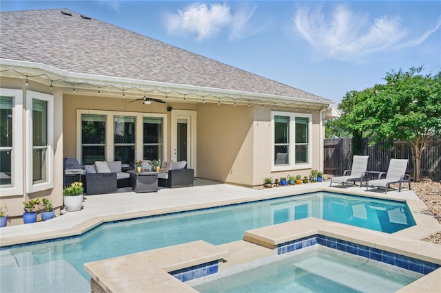 4121 Vinalopo Dr, Austin, TX 78738 - view of pool with an in-ground hot tub, an outdoor hangout area, ceiling fan, and a patio area