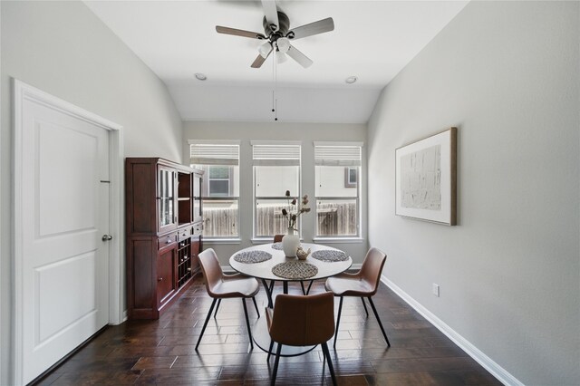 4121 Vinalopo Dr, Austin, TX 78738 - dining space with lofted ceiling, dark wood-type flooring, and ceiling fan