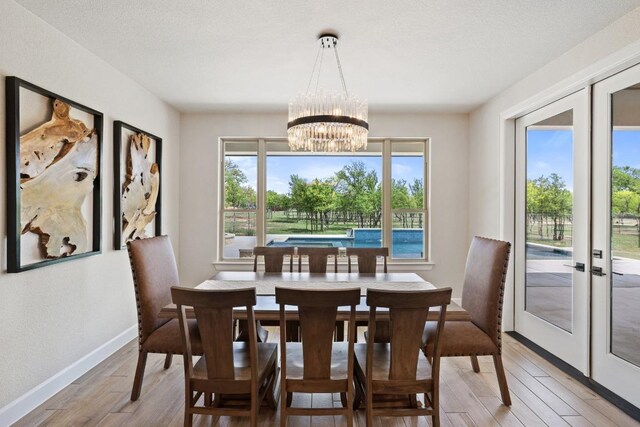 10900 Ranch Road 1323, Johnson City, TX 78636 - dining area with light wood-style floors, a chandelier, french doors, and baseboards