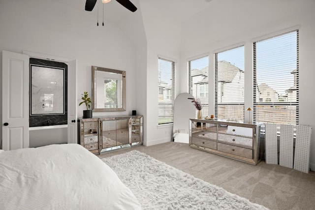 1244 Calendula Trl, Georgetown, TX 78628 - bedroom featuring carpet flooring, multiple windows, ceiling fan, baseboards, and a high ceiling