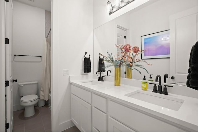 1244 Calendula Trl, Georgetown, TX 78628 - bathroom with double vanity, tile patterned floors, toilet, and shower / bathtub combination with curtain