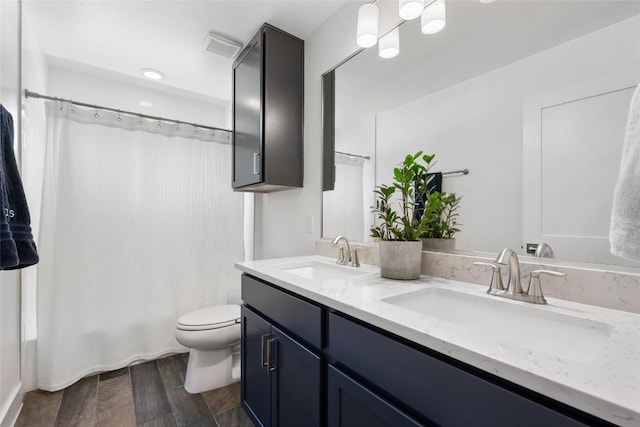 417 Wichita St, Meadowlakes, TX 78654 - full bathroom featuring toilet, double vanity, a shower with curtain, and wood finished floors