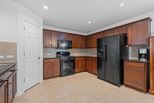 kitchen with black appliances, decorative backsplash, recessed lighting, and light tile patterned flooring