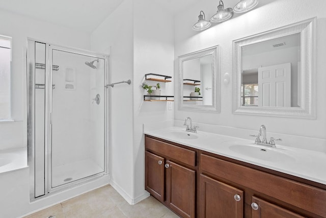 11505 Buster Crabbe Dr, Austin, TX 78748 - full bathroom with a shower stall, tile patterned flooring, double vanity, and a bathtub