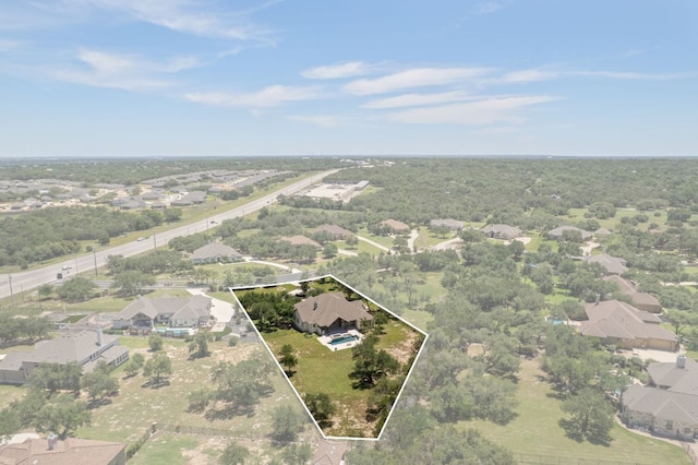 106 Gabriel Woods Dr, Georgetown, TX 78633 - aerial perspective of suburban area featuring property parcel outlined