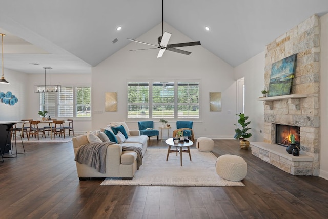 106 Gabriel Woods Dr, Georgetown, TX 78633 - living area featuring wood-type flooring, high vaulted ceiling, a fireplace, a ceiling fan, and recessed lighting