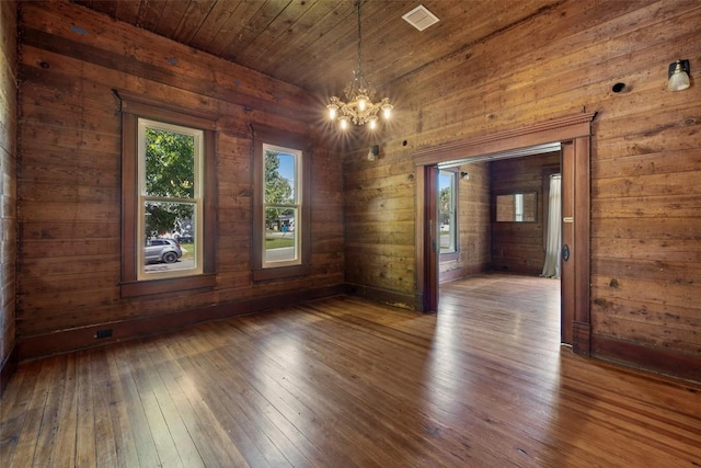 1019 W 4th St, Taylor, TX 76574 - unfurnished room featuring a chandelier, hardwood / wood-style floors, wood walls, and wood ceiling