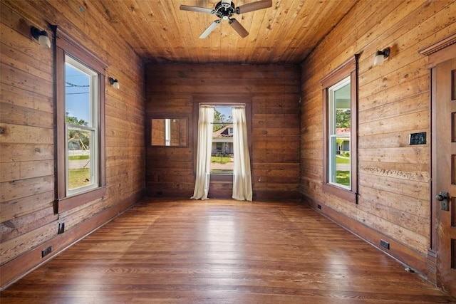 1019 W 4th St, Taylor, TX 76574 - unfurnished room with hardwood / wood-style floors, ceiling fan, wooden ceiling, and wooden walls