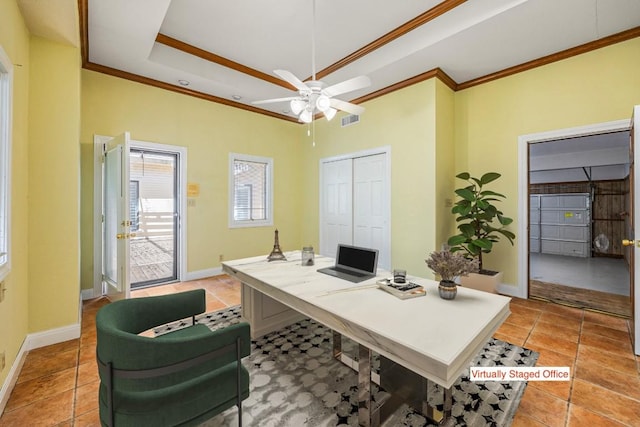 10242 Pinehurst Dr, Austin, TX 78747 - office featuring crown molding, a ceiling fan, baseboards, light tile patterned flooring, and a raised ceiling