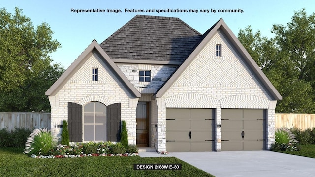 209 Adali Ave, Georgetown, TX 78633 - french country home featuring fence, roof with shingles, stone siding, and concrete driveway