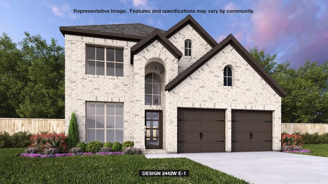213 Adali Ave, Georgetown, TX 78633 - french country inspired facade featuring driveway, fence, brick siding, and an attached garage