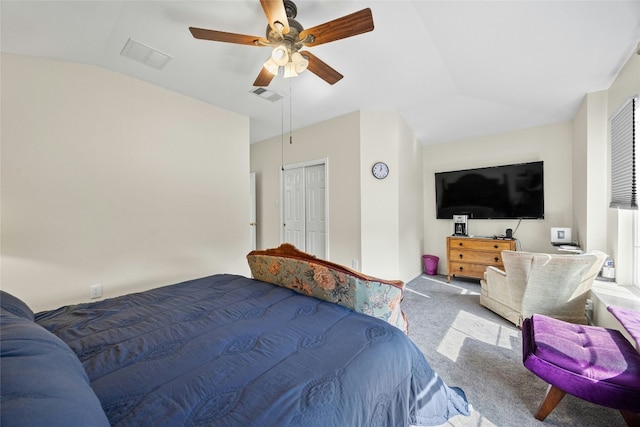 1610 Plume Grass Pl, Round Rock, TX 78665 - carpeted bedroom featuring vaulted ceiling, a ceiling fan, and a closet