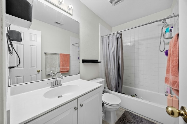 full bathroom with vanity, toilet, and shower / bath combination with curtain