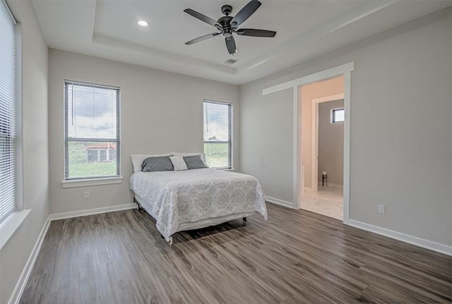 171 Eely Rd, Mcdade, TX 78650 - bedroom with a tray ceiling, dark wood finished floors, multiple windows, baseboards, and recessed lighting