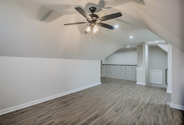 171 Eely Rd, Mcdade, TX 78650 - additional living space featuring dark wood-style flooring, vaulted ceiling, baseboards, a ceiling fan, and recessed lighting