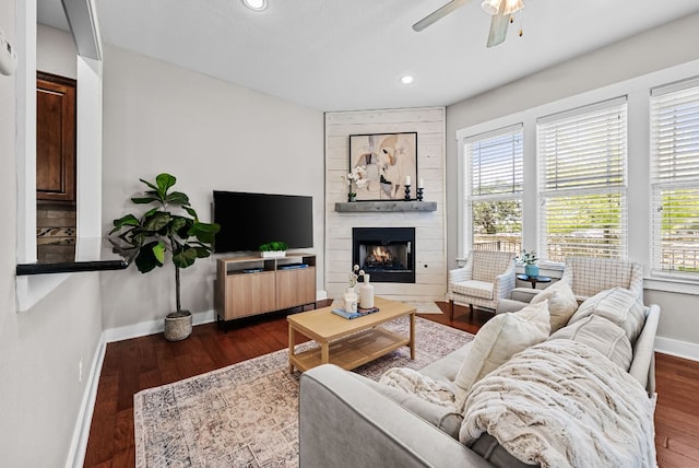 2930 Grand Oaks Loop Unit 401, Cedar Park, TX 78613 - living room featuring a ceiling fan, baseboards, recessed lighting, healthy amount of natural light, and a large fireplace