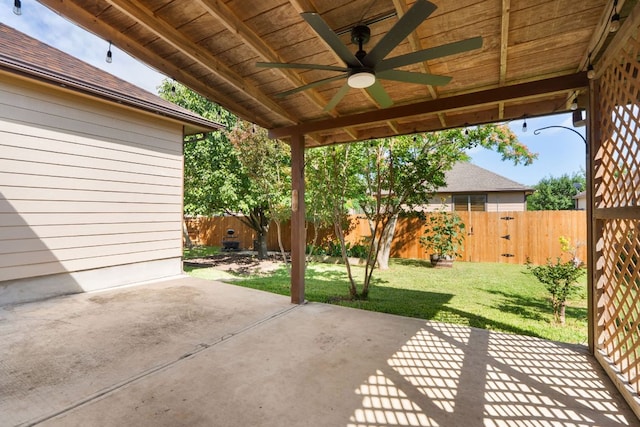 366 Matthews Ln, Kyle, TX 78640 - fenced backyard featuring ceiling fan and a patio