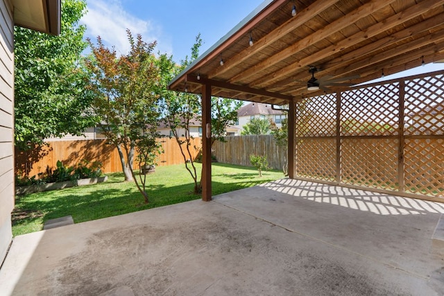 366 Matthews Ln, Kyle, TX 78640 - fenced backyard featuring a patio and a ceiling fan