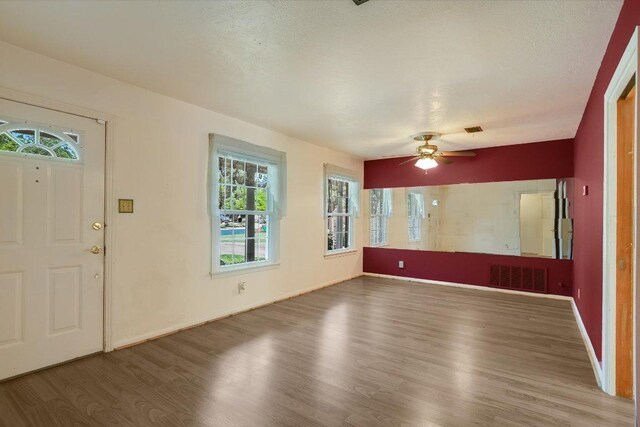 6009 Belfast Dr, Austin, TX 78723 - foyer entrance featuring wood finished floors, healthy amount of natural light, a ceiling fan, baseboards, and a textured ceiling