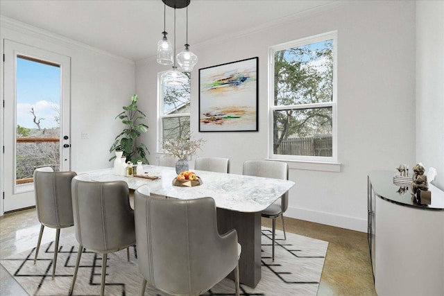 114 Shady Bluff Dr, Wimberley, TX 78676 - dining area with ornamental molding and baseboards