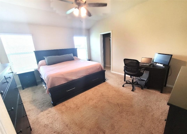 130 Navidad River Dr, Hutto, TX 78634 - carpeted bedroom featuring baseboards, vaulted ceiling, and ceiling fan