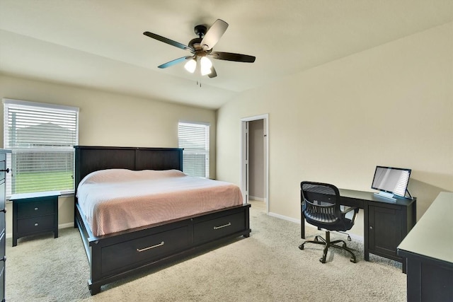 130 Navidad River Dr, Hutto, TX 78634 - bedroom featuring light colored carpet, an office area, ceiling fan, and vaulted ceiling
