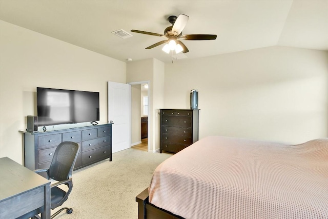 130 Navidad River Dr, Hutto, TX 78634 - bedroom with light colored carpet, lofted ceiling, a ceiling fan, and an office area