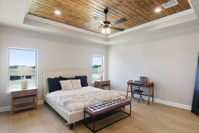 4007 Aerie St, Salado, TX 76571 - bedroom featuring a raised ceiling, wood ceiling, light wood-style floors, baseboards, and recessed lighting
