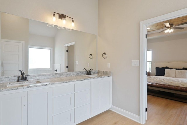 4007 Aerie St, Salado, TX 76571 - bathroom with wood finished floors, baseboards, a ceiling fan, and double vanity